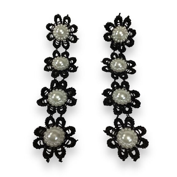 Vintage Handmade Plastic Pearl & Black Floral Crocheted Drop Earrings for Pierce - Picture 6 of 6